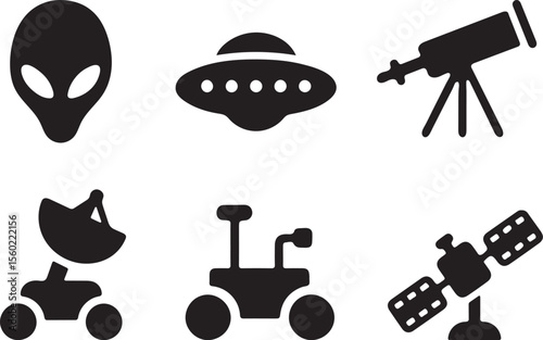 Collection of space exploration and alien encounter icons silhouette