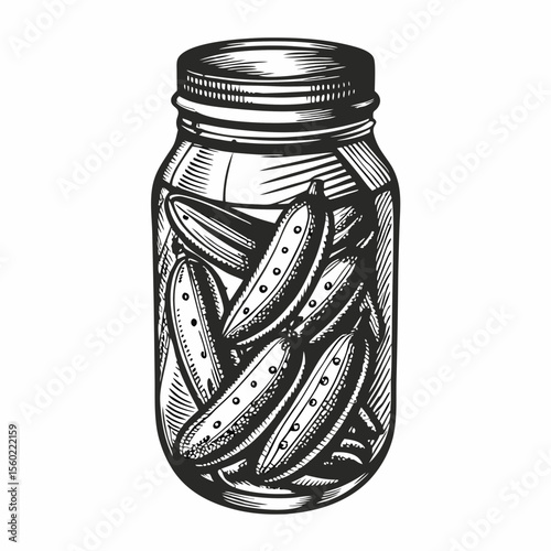 Jar of Pickled Cucumbers in Engraved Style for Recipe Blogs, Food Preservation Websites, Culinary Education, and Home Cooking Content  