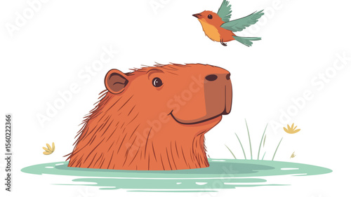 Funny Bird Perching on Cute Capybara's Nose Illustration