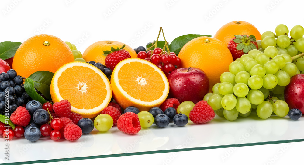 Assorted fresh fruits on white surface Assorted fresh fruits on white surface