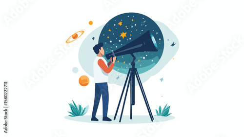 Astronomer Observing Stars with Telescope in Night Sky
