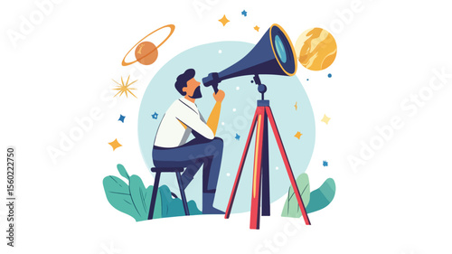 Astronomer Observing Stars with Telescope at Night Sky
