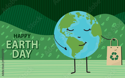 Earth Day greeting card vector with smiling planet holding a reusable shopping bag, sustainable lifestyle cartoon illustration