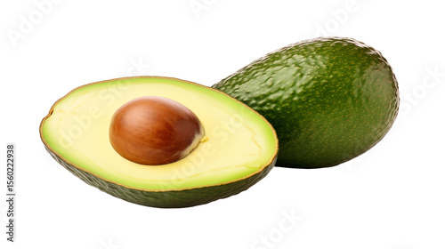 Fresh avocados are displayed with a ripe half showing its pit against a transparent background, perfect for healthy recipes and culinary projects.