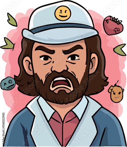 Angry Cartoon Man with Beard and Hat Frustrated Expression Illustration
