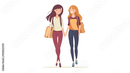 Best Friends Walking Together: Happy Girls Besties Holding Hands Outdoors
