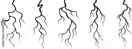Vector lightning silhouettes set. Thunderstorm design. Vector illustration