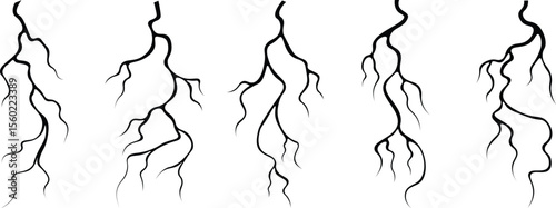 Vector lightning silhouettes set. Thunderstorm design. Vector illustration