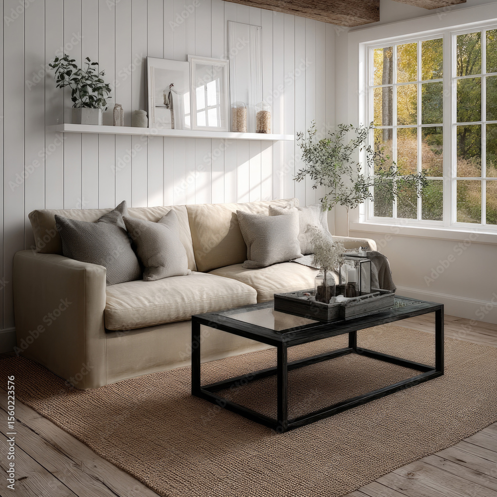 Fototapeta premium Beige sofa, modern farmhouse living room, glass coffee table, large window, natural light, cozy, neutral decor