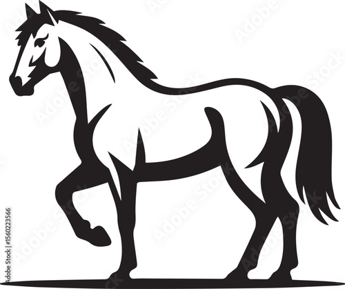 Black horse silhouette vector illustration of a running stallion with mane and tail galloping wild on farm background