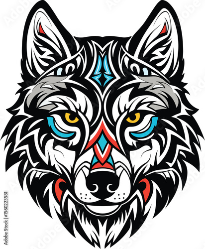  Tribal-inspired flat wolf vector head icon, symmetrical design with stylized patterns and bold shapes, ideal for tattoo design, emblem creation, or T-shirt artwork