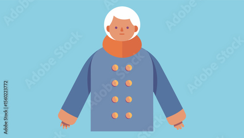A person with arthritis wearing a coat with large buttons and wide armholes facilitating easier dressing when dealing with stiff joints.. Vector illustration