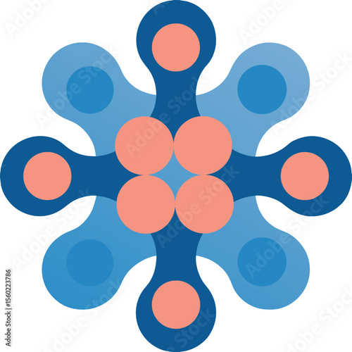 Abstract geometric pattern with interconnected circles and rounded shapes in shades of blue and coral