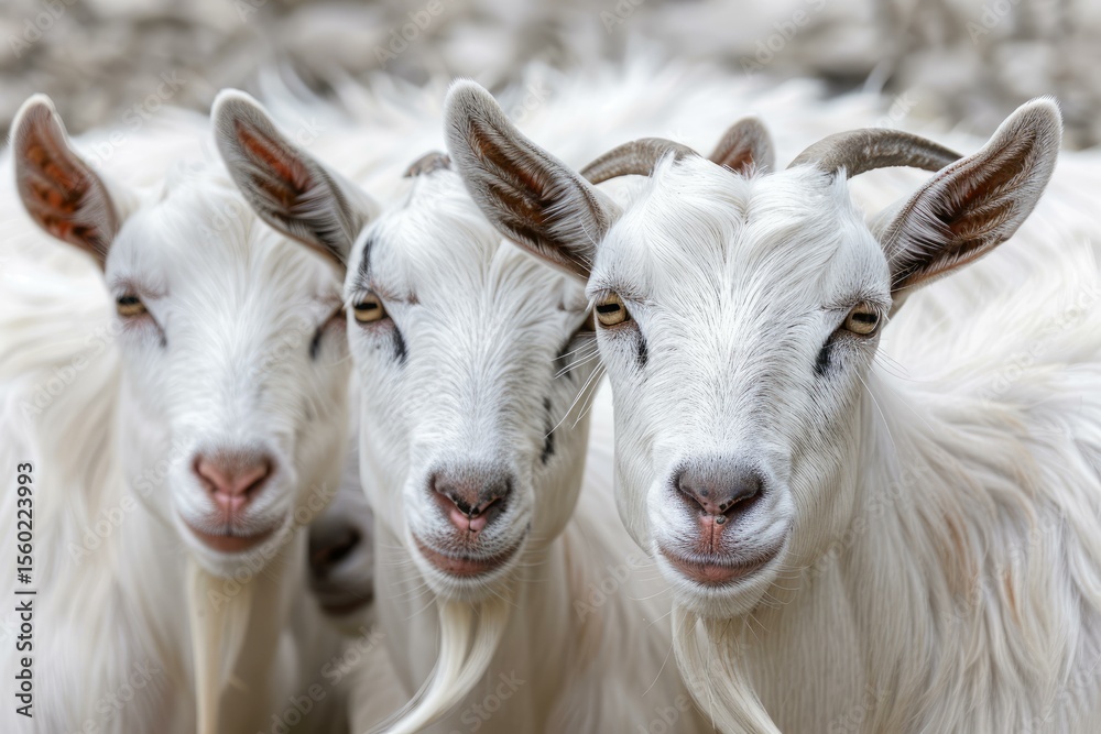Obraz premium Three white goats standing next to each other on a farm