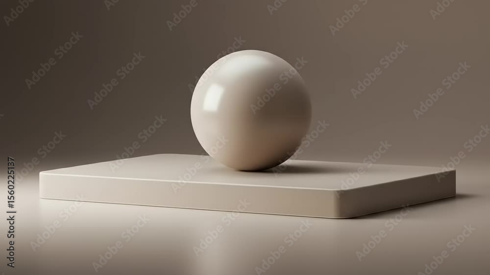 A smooth, white sphere resting on a minimalist rectangular base against a neutral background