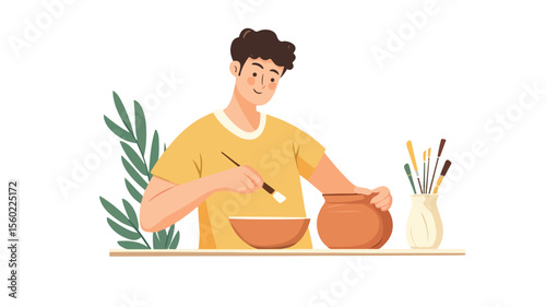 Ceramist Decorating Crockery with Paint - Potter Painting Pottery Professionally