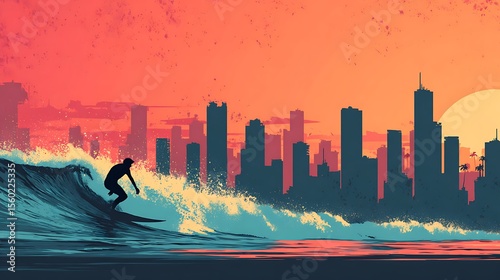 Silhouette of Surfer Riding a Wave at Sunset in a City .