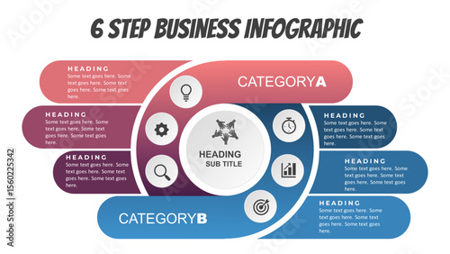 6 Step Business Infographic. Fully Editable SVG for PowerPoint, Web, Illustrator, and most vector-based applications. Ideal for presentations, infographics, and business slide designs.