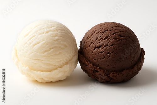Two scoops of ice cream, one vanilla and one chocolate, isolated on white background