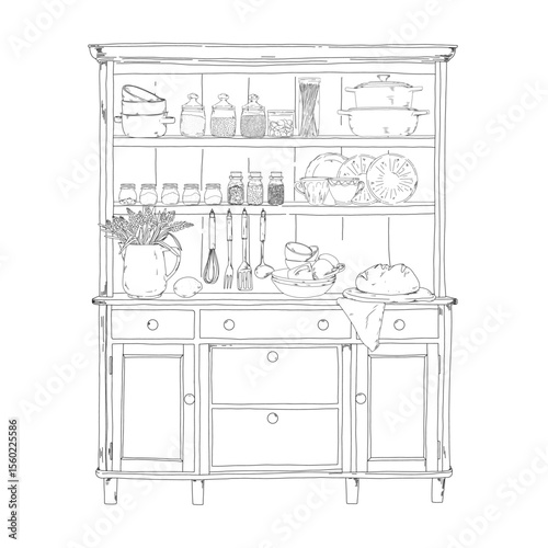 Black and white hand-drawn illustration of a vintage Provence-style kitchen cabinet with dishes, jars, a bouquet of flowers, fresh bread and kitchen utensils.