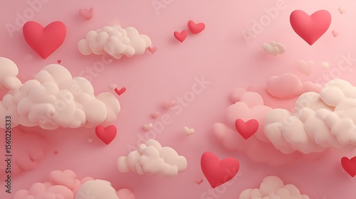 Soft Pink Background with Fluffy Clouds and Floating Hearts .