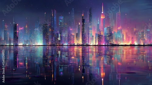 Vibrant Futuristic Cityscape at Night with Neon Lights and Water Reflections .