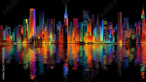 Vibrant Neon City Skyline at Night with Water Reflection .