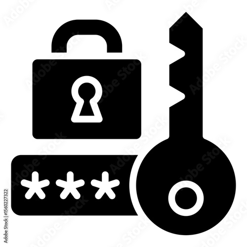 Password Protection Glyph Black Fill Vector Icon Design - Password field with lock and key, representing strong authentication or secure login credentials
