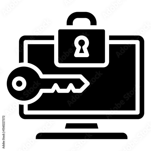 Secure Access Glyph Black Fill Vector Icon Design - Computer screen with padlock and key, symbolizing login security, access permission, or encryption