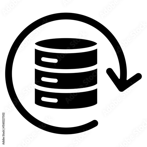 Data Recovery Glyph Black Fill Vector Icon Design - circular arrow around a database, indicating data recovery, restore, or backup process