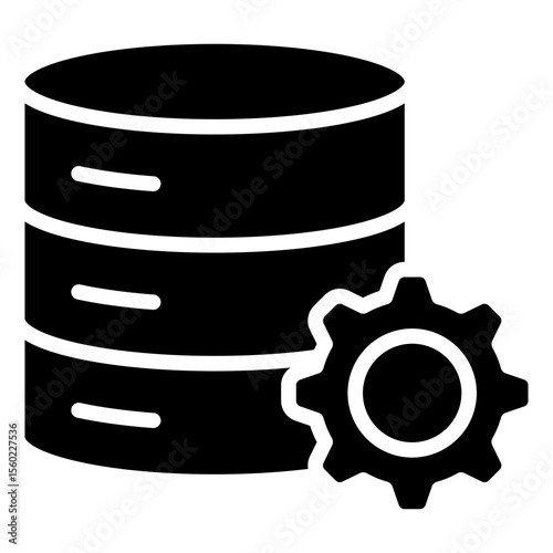Database Setting Glyph Black Fill Vector Icon Design - stacked database with a gear, representing database configuration or backend system setup