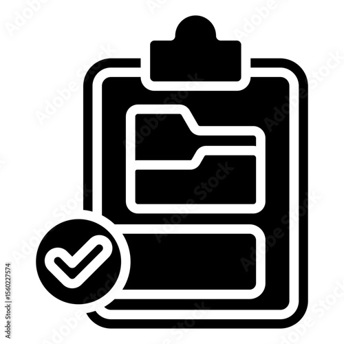 File Audit Glyph Black Fill Vector Icon Design - Clipboard with folders and a checkmark, symbolizing file review, auditing, or system validation