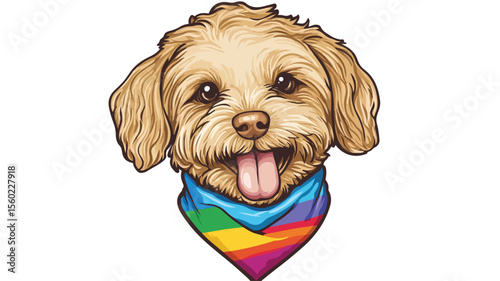 Fluffy Dog with Rainbow Bandana Sticker: Cute Pup in Playful Pose