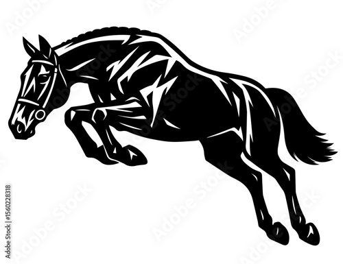 A black silhouette of a horse jumping, with bold and dynamic lines, creating a sense of motion and strength