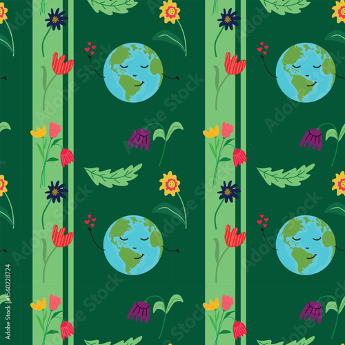 Earth-themed seamless floral pattern with green background and blooming flowers, eco-friendly design for nature celebration and sustainability visuals