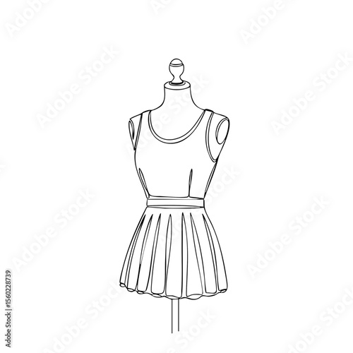 Minimalist line drawing of a dress on a mannequin in black and white for fashion or tailoring concepts