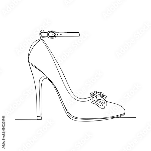 Minimalist line drawing of a high-heeled pump with an ankle strap for fashion or footwear concepts