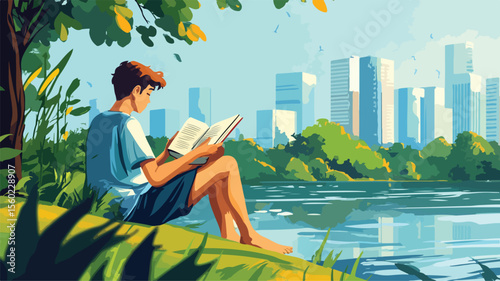 Giant Teenager Reading Book on Embankment - Unique and Creative Concept Illustration