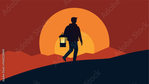 A silhouette of a person holding a glowing lantern walking towards the light of a sunset symbolizing the importance of seeking help and support for mental health and brain. Vector illustration