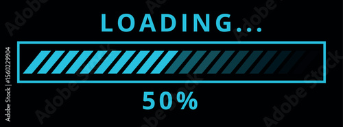 Vector illustration of website loading bar, downloads, uploads in blue color isolated on black background for websites and graphic resources. 50% loaded bar.