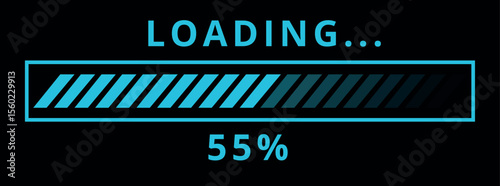 Vector illustration of website loading bar, downloads, uploads in blue color isolated on black background for websites and graphic resources. 55% loaded bar.