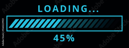 Vector illustration of website loading bar, downloads, uploads in blue color isolated on black background for websites and graphic resources. 45% loaded bar.