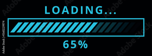 Vector illustration of website loading bar, downloads, uploads in blue color isolated on black background for websites and graphic resources. 65% loaded bar.