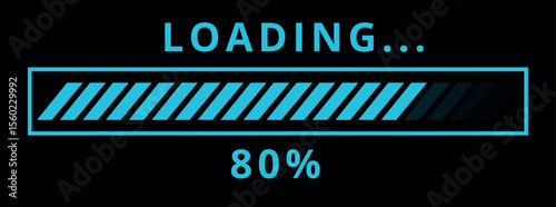 Vector illustration of website loading bar, downloads, uploads in blue color isolated on black background for websites and graphic resources. 80% loaded bar.