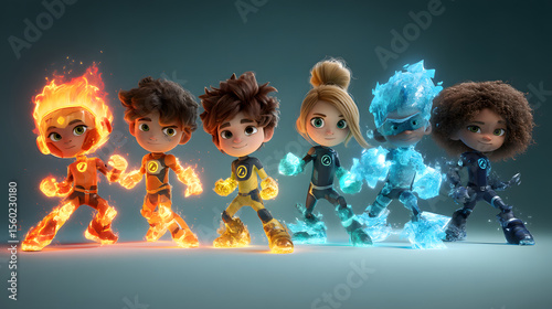 3d Cartoon Superhero Team Of kids with elemental