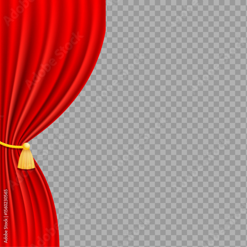 Red Stage Curtain Pulled Aside with Tassel on Transparent Background

