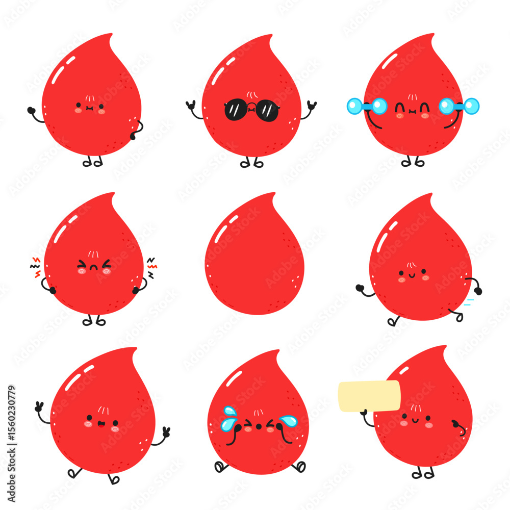 Adorable cartoon blood drops with diverse emotions and activities, perfect for educational uses. Adorable cartoon blood drops with diverse emotions and activities, perfect for educational uses.