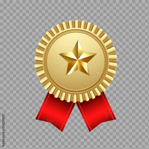 Gold Star Award Medal with Red Ribbon – Excellence Badge on Transparent Background

