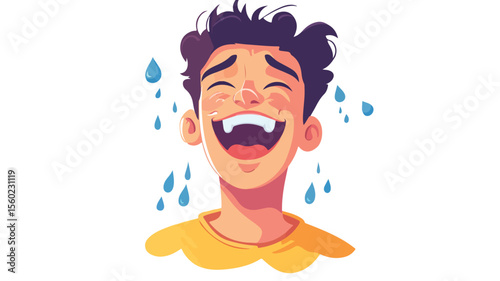 Joyful person laughing with tears of happiness, man cry, emotional expression concept