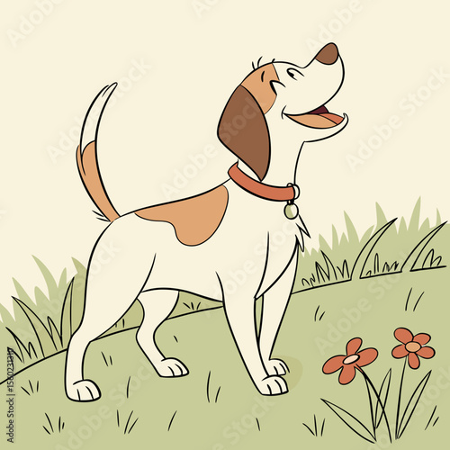 Cartoon dog smiling in grassy field with flowers